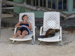 Kim relaxes with a Sea Lion
